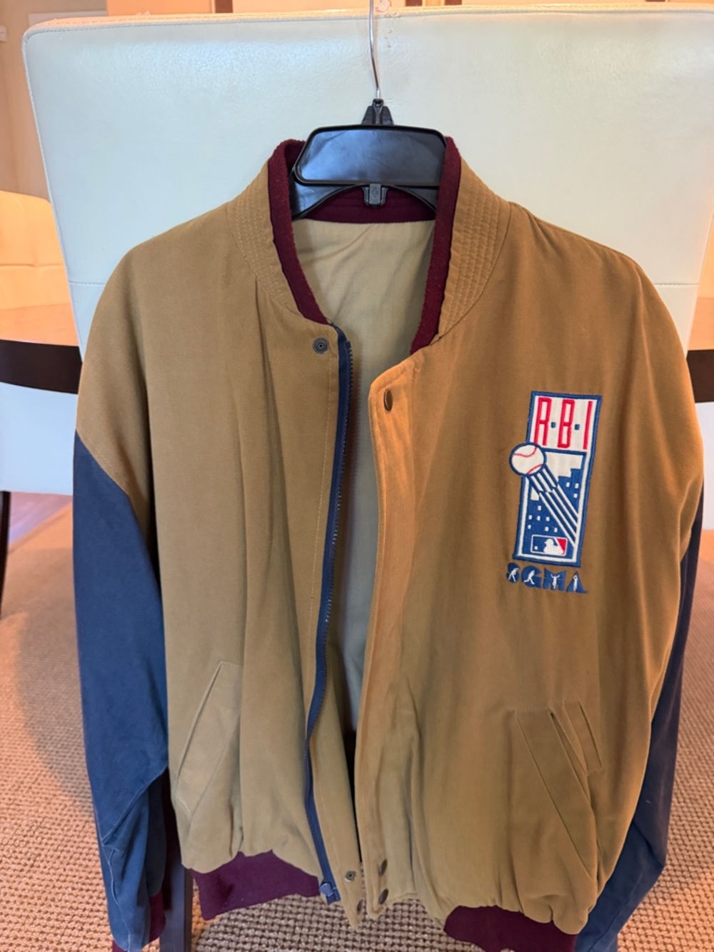 MLB Two-Tone Bomber Jacket in Tan and Navy with Burgundy Trim